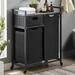 17 Stories Double Laundry Hamper w/ Top Shelf & Storage Drawer, 2 Removable Laundry Sorter Bags Wood/Metal/Fabric in Brown | Wayfair