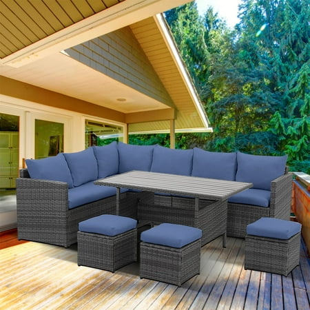 CozyHom 7 Pcs Outdoor Patio Sectional Dining Furniture Sofa Set PE Wicker Rattan Conversation Sofa Sets With Dining Table and Ottomans Blue