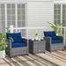 Costway 3PCS Patio Rattan Furniture Bistro Set Cushioned Sofas Side Table Armrest Navy