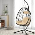 Swing Egg Chair with Stand Indoor Outdoor Wicker Rattan Patio Hanging Egg Chair with UV Resistant Cushions Hanging Basket Chair Hammock Chair for Bedroom Balcony Gardenï¼Œ 250lbs Capaticy Beige