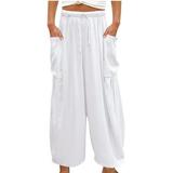 Women Cotton Linen Casual Pants Loose Pocketed Comfy Solid Color Drawstring Boho Hippie Beach Wide Leg Trousers (X-Large White)
