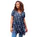 Plus Size Women's Swing Ultra Femme Tunic by Roaman's in Navy Ikat Paisley (Size 34/36) Short Sleeve V-Neck Shirt