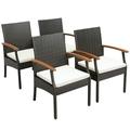 Costway 4PCS Patio PE Wicker Chairs Acacia Wood Armrests with Soft Zippered Cushion Balcony