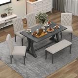 6-Piece Farmhouse Dining Table Set, Rectangular Trestle Table and 4 Upholstered Chairs & Bench for Dining Room