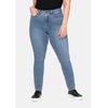 Stretch-Jeans SHEEGO "Große Größen", Damen, Gr. 29, Kurzgrößen, blau (blau denim), Obermaterial: 37% Viskose, 34% Baumwolle, 27% Polyester, 2% Elasthan, unifarben, casual, lang, Jeans, Super elastisches Power-Stretch-Material