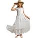 LOEL Girls Cotton Short Sleeve Lace Dress Loose Fit Ruched Backless Maxi Dress Swing Hem Long Evening Gown 2-13 Years