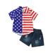 4th of July Toddler Baby Boys Clothes Stripe Stars Short Sleeve Button Down Shirt Ripped Denim Shorts Set Summer Outfits