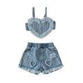 Sunisery 2PCS Newborn Baby Girls Denim Vest Shorts Outfit Summer Sleeveless Heart Camisole Elastic Ripped Denim Shorts Blue 6-9 Months