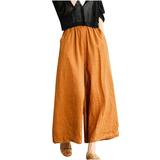 Wide Leg Summer Linen Pants for Women with Pockets Casual High Waisted Elastic Loose Open Bottom Flared Trousers (XX-Large Yellow)
