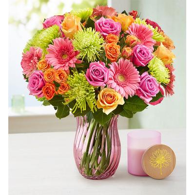 1-800-Flowers Flower Delivery Vibrant Blooms Double Bouquet W/ Pink Vase & Candle