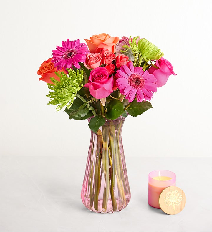 1-800-Flowers Flower Delivery Vibrant Blooms Bouquet W/ Pink Vase & Candle