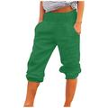 Womens Summer Shorts Casual Elastic Waist Cotton Linen Capri Pants Solid Loose Comfy Lounge Trousers with Pockets