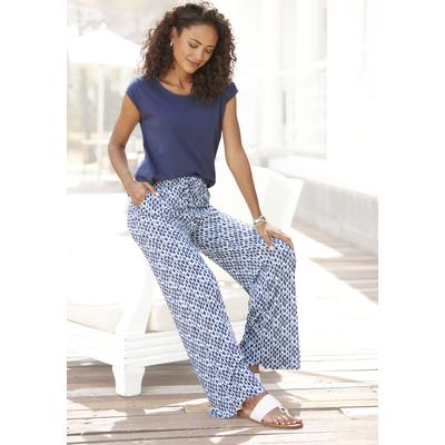 Overall LASCANA, Damen, Gr. 38, N-Gr, blau (blau bedruckt), Jersey, Obermaterial: 100% Viskose, bedruckt, modisch, figurumspielend lang, Rundhals, Kurzarm, Overalls, mit weitem Bein und Taschen, sommerlicher Jumpsuit, 2-in-1-Look, Topseller Image