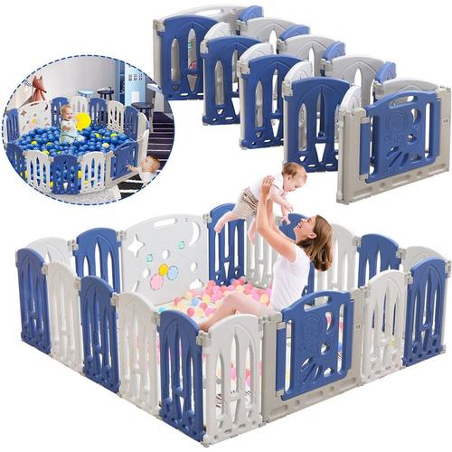 Laufstall Baby Faltbar, Laufgitter mit Tür und Spielzeugboard, 14 Panel Blu+Weiß Baby