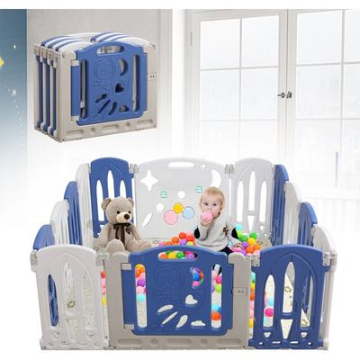 Aufun - Laufstall Baby Faltbar, Laufgitter mit Tür und Spielzeugboard, 12 Panel Blu+Weiß Baby