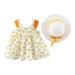 Lovskoo Baby Girl Princess Dress Toddler Child Summer Floral Print Ruffled Sleeve Suspender Dress with Hat for 0-3 Years Baby Clothes Yellow