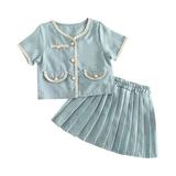 B91xZ Baby Outfits for Girls Toddler Girl Summer And Autumn Outfits Short Sleeve Light Blue False Pocket School Girl Outfit Blue Sizes 7 Years