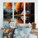 Red Barrel Studio® Red & Orange Lake House w/ Birch Trees - 3 Piece Print on Canvas Metal in White | 32 H x 48 W x 1 D in | Wayfair