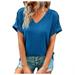 Summer Deals Deals Clearance under $10 Charella Summer Tops for Women Short Sleeve V Neck Basic Shirt Solid Color Casual Loose Tee Top Blue L