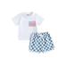 Suanret Independence Day Toddler Baby Boys Girls Tops Shorts Outfits Short Sleeve T-Shirt Checkerboard Shorts Sets White 18-24 Months