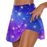Womens Flowy Athletic Shorts 2 in 1 Casual High Waist Gym Yoga Shorts Tie-Dye/Stars/Polka Dot Print Tennis Skirts Pleated Skirt Shorts(XXXL Blue 01)