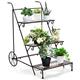 COSTWAY 3-Tier Metal Plant Stand, Rolling Garden Cart Ladder Flower Pot with Wheels and Handle, Indoor Outdoor Potted Plant Display Rack Shelf for Home Balcony Garden