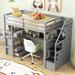 Simple & Stylish Twin Size Loft Bed with Desk & Shelves, Solid Wood Bedframe with Storage Staircase & 2 Built-in Drawers, Grey