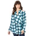 Plus Size Women's Lace-Back Plaid Big Shirt by Roaman's in Deep Teal Fine Plaid (Size 12 W)