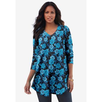Plus Size Women's V Neck Thermal Swing Tunic by Roaman's in Blue Wall Flower (Size 30/32) Long Sleeve Shirt