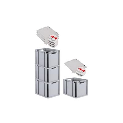 PROREGAL 4x Eurobox NextGen Grip mit Scharnierdeckel & roten Verschlüssen | HxBxT 32x30x40cm | 30 Liter | Griffe offen | Glatter Boden Image