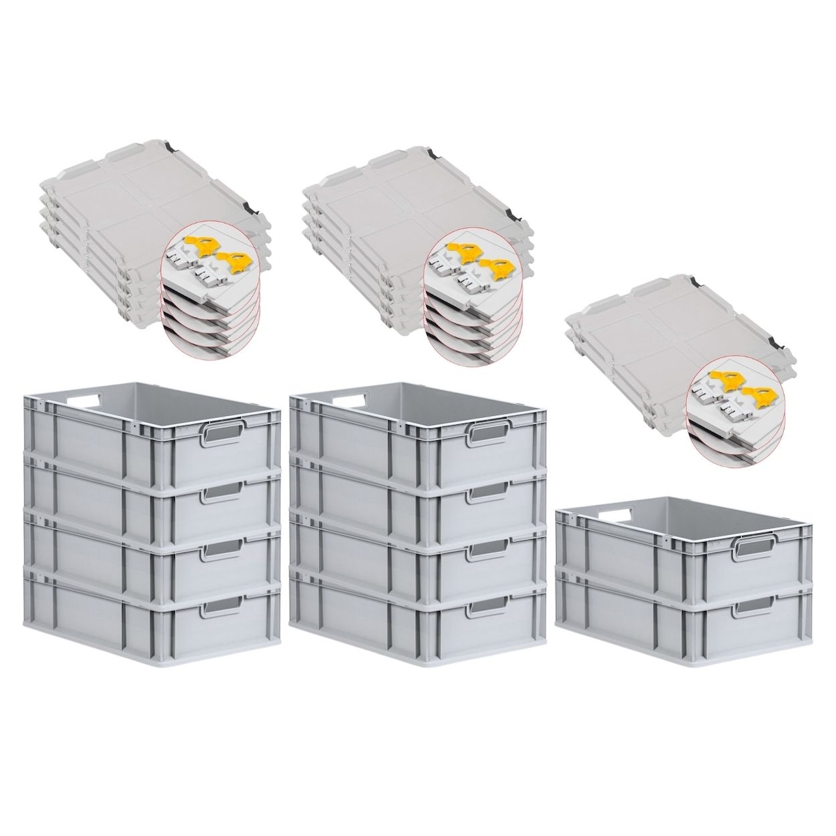 PROREGAL 10x Eurobox NextGen Grip mit Scharnierdeckel & gelben Verschlüssen | HxBxT 17x40x60cm | 34 Liter | Griffe offen | Glatter Boden Image