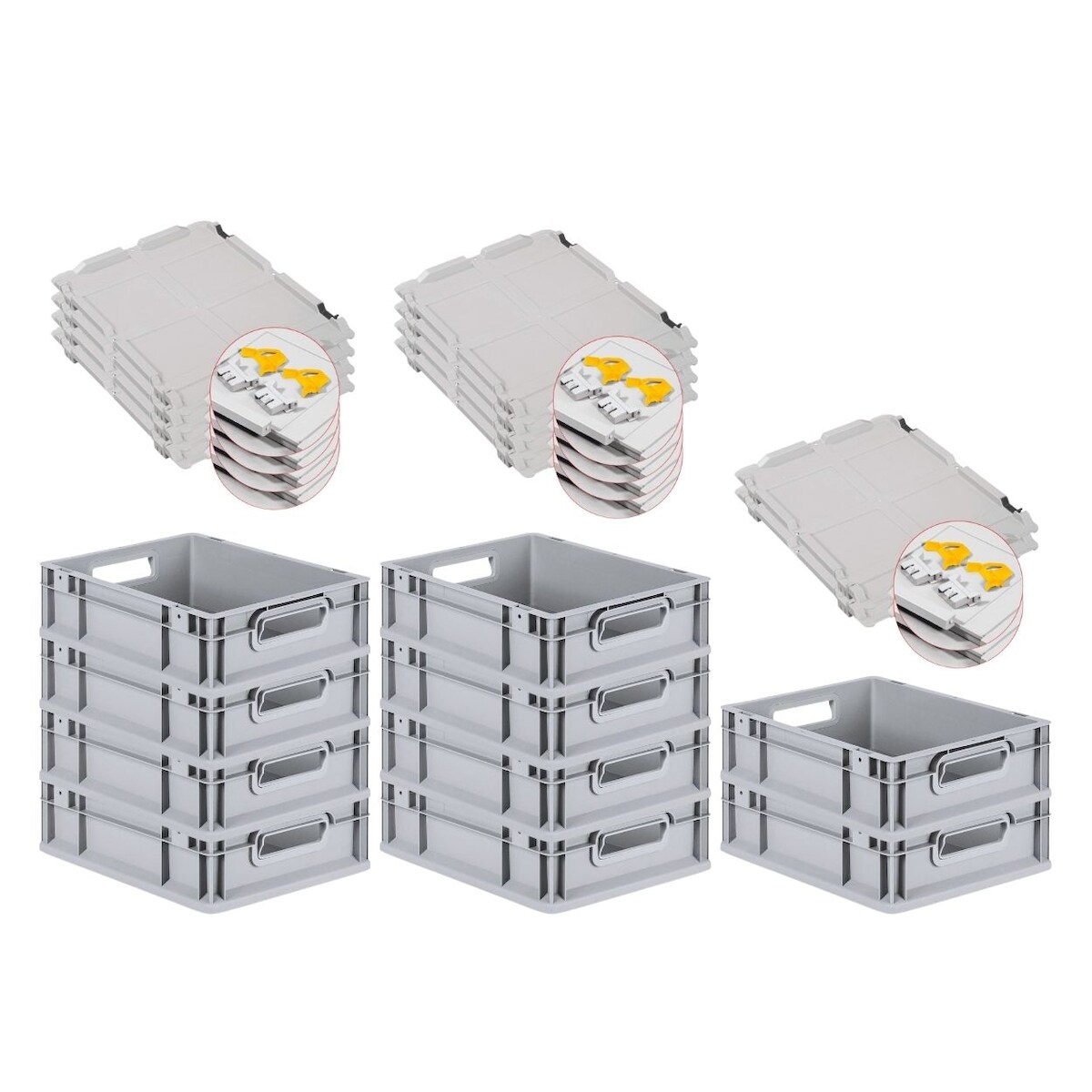 PROREGAL 10x Eurobox NextGen Grip mit Scharnierdeckel & gelben Verschlüssen | HxBxT 12x30x40cm | 11 Liter | Griffe offen | Glatter Boden Image