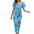 QUYUON Women Off Shoulder Jumpsuits Summer Casual Tropical Printed Off Shoulder Short Sleeve Ruffle Hem Romper Cropped Jumpsuit Ladies One-Piece Jumpsuits Fashion Overalls Style J-560 Blue XL