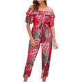 QUYUON Women Off Shoulder Jumpsuits Summer Casual Tropical Printed Off Shoulder Short Sleeve Ruffle Hem Romper Cropped Jumpsuit Ladies One-Piece Jumpsuits Fashion Overalls Style J-573 Red M