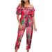 QUYUON Women Off Shoulder Jumpsuits Summer Casual Tropical Printed Off Shoulder Short Sleeve Ruffle Hem Romper Cropped Jumpsuit Ladies One-Piece Jumpsuits Fashion Overalls Style J-573 Red M