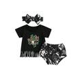 LisenraIn Baby Girls Summer Clothes Cactus Print Short Sleeve T-shirt Tassel Elastic Triangle Shorts Headband 3pcs Set