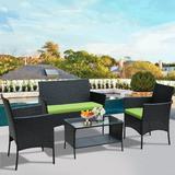 New Outdoor Patio Furniture Set 4pcs Seizeen All-Weather PE Rattan Conversation Set w/2-Tier table Loveseat Cushioned Outdoor Furniture Sofa for Yard Porch Garden Deck Green Cushions