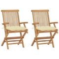 Walmeck Patio Chairs with White Cushions 2 pcs Solid Teak Wood