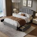 Walker Edison Upholstered Platform Bed Linen Bed Frame w/ 2 Drawers Stitched Padded Headboard Upholstered in Gray | Wayfair XD-332