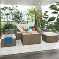 TOPMAX Outdoor 6-Piece Garden Furniture Set PE Wicker Rattan Sectional Sofa Set with 2 Tea Tables Brown Wicker+Beige Cushion