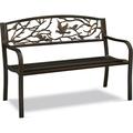 Patio Garden Bench Outdoor Cast Iron Metal Bench w/Bird Design Backrest Slatted Seat for Porch Deck Park Yard Entryway Path