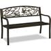 Patio Garden Bench Outdoor Cast Iron Metal Bench w/Bird Design Backrest Slatted Seat for Porch Deck Park Yard Entryway Path