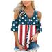 SOOMLON USA Flag Tee Shirt American Flag Shirt Women 4th of July Gift T Shirt American Patriotic Tops Print Strappy Cold Shoulder T-Shirt Cold Shoulder Short Sleeve Red S