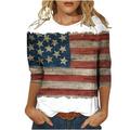 SOOMLON American Flag Tops Women 4th of July Tee American Flag Stars Graphic Patriotic Shirts Independence Day Print T-Shirt Round Neck 3/4 Sleeve White M