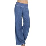 Women Vintage Boho Pants Pajama Bottoms Pjs Palazzo Lounge Pants Denim-Like Wide Leg Comfy High Waist Yoga Pants
