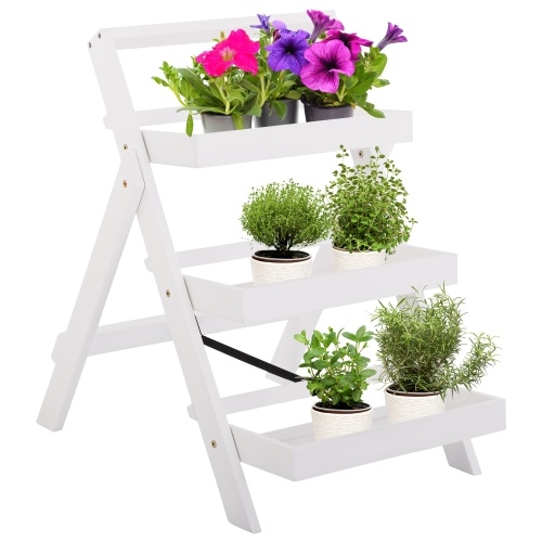 Pflanzregal 3-stöckig klappbar aus Akazienholz in Weiß für Balkon & Garten, Terrasse & Küche. Ideal als Blumenregal, Blumentreppe, Florina, Raburg Image