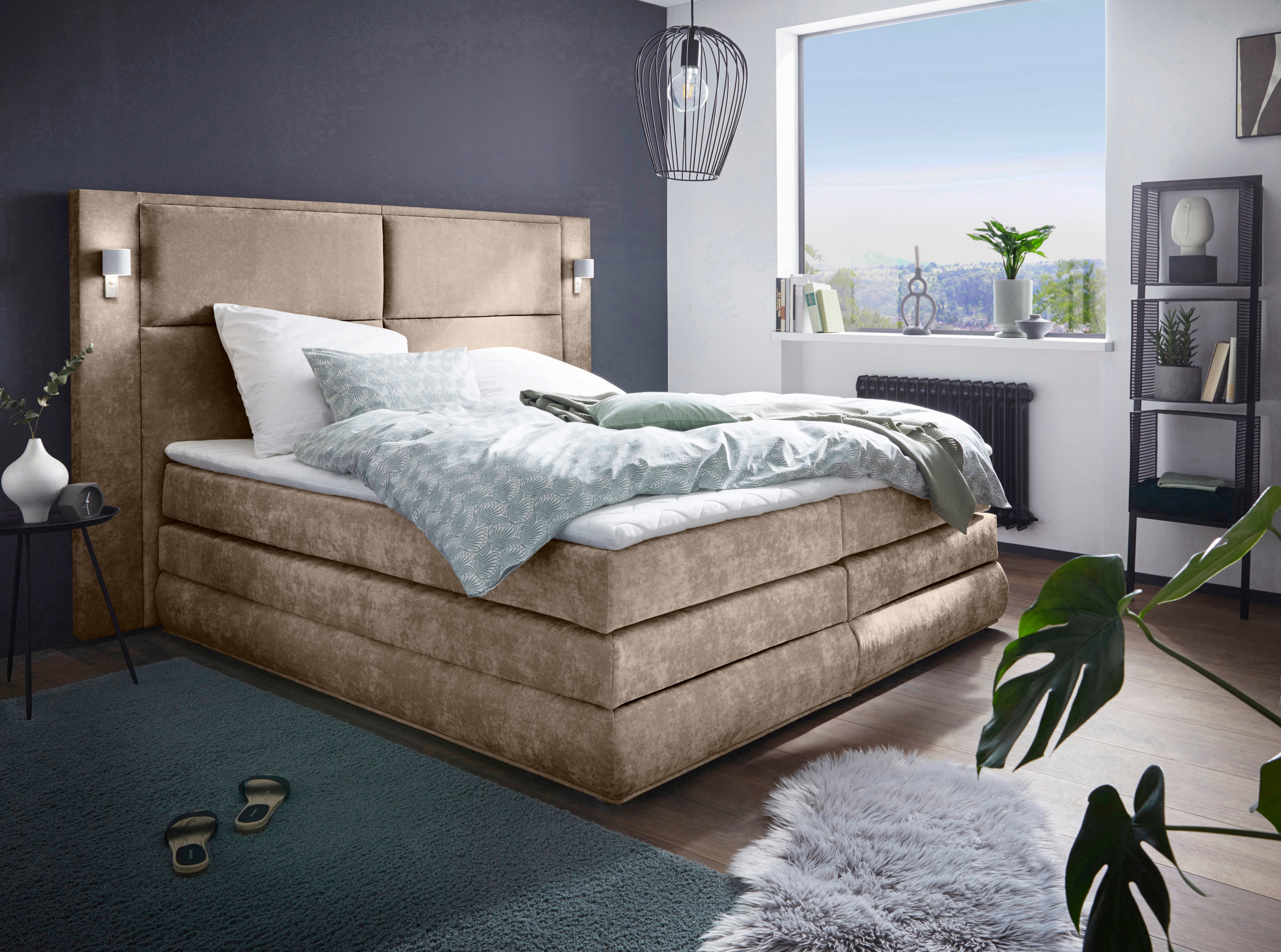 Boxspringbett COLLECTION AB "Copenhagen", braun (mittelbraun), B:231cm L:215cm, Holzwerkstoff, Spanplatte, Komplettbetten, inklusive Bettkasten, Topper, wahlweise mit LED-Beleuchtung Image