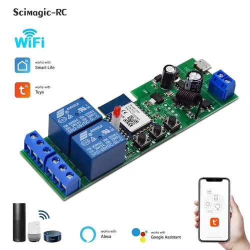 Tuya Smartlife Module relais domotique 2CH DC5V 7-32V AC 110V 220V RF 433Mhz Interrupteur de lumière télécommandé fonctionnant avec Alexa.