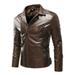 Penkiiy Men s Autumn Winter Long-sleeved Leather Motorcycle Jacket Zipper Coat Long Sleeve Hoodless Faux Leather Outwear & Jackets Tuxedo Suit Set PU Brown on Clearance