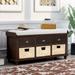 Rustic Storage Bench with 3 Drawers and 3 Rattan Baskets, Shoe Bench for Living Room, Entryway, Multi-Purpose Cushioned Benches